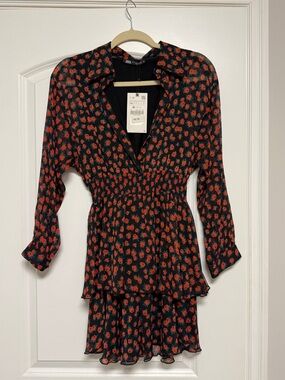Zara Black Mini Dress with Red Floral Print